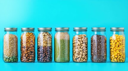 Poster - Colorful jars filled with assorted grains and nuts, arranged beautifully on a vibrant blue background, ideal for showcasing healthy foods and snacks.