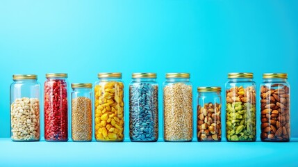 Poster - Colorful jars filled with assorted grains and nuts, arranged beautifully on a vibrant blue background, ideal for showcasing healthy foods and snacks.
