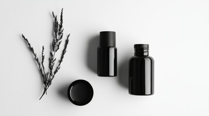 Aufkleber - Elegant black cosmetic bottles and jars on a clean, white background, capturing the essence of minimalist beauty design for high-end product photography.