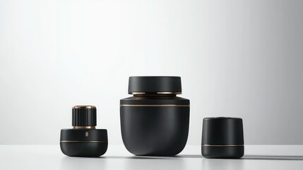Aufkleber - Elegant black cosmetic bottles and jars on a clean, white background, capturing the essence of minimalist beauty design for high-end product photography.