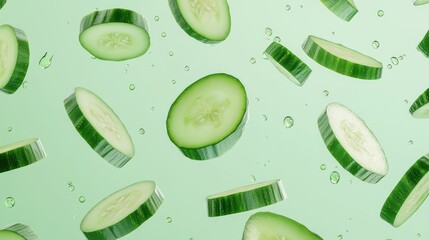 Poster - Fresh cucumber slices floating against a light green background, evoking freshness and health.