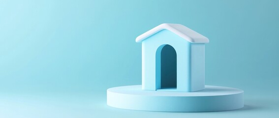 Poster - A stylized blue house model on a circular platform against a light blue background.
