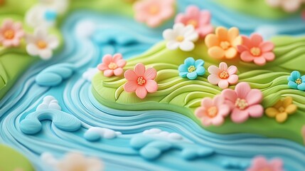Poster - A vibrant, whimsical landscape made of colorful flowers and flowing water, crafted from materials.