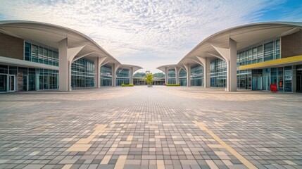 Poster - Modern architectural structure with a spacious plaza and curved roofs under a cloudy sky.
