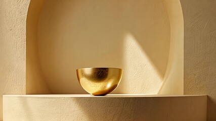 Fototapete - A golden bowl is positioned on a smooth shelf within a softly lit space featuring warm beige walls and minimalistic design elements, creating an inviting and serene atmosphere.