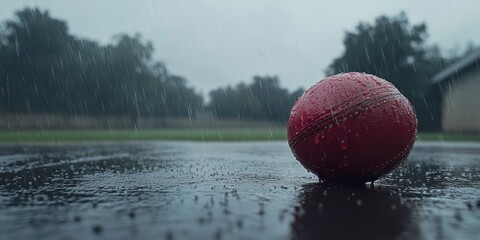 Poster - A red cricket ball rests on a wet surface during rain, capturing a moment of stillness.