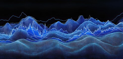 Aufkleber - Abstract visualization of data trends represented by flowing blue waves and peaks.