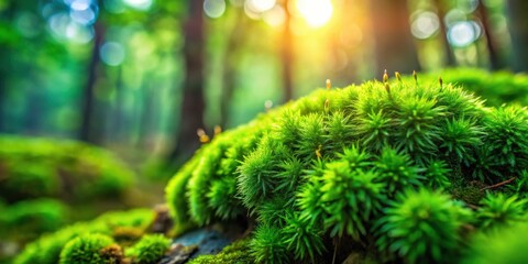 Poster - Sunlight filtering through a forest canopy illuminates a patch of vibrant green moss, creating a serene and tranquil scene.