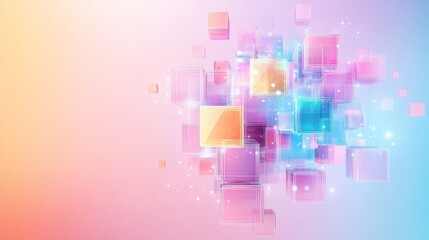 Poster - An abstract composition of colorful geometric blocks with a dreamy gradient background, symbolizing creativity, innovation, and digital technology.