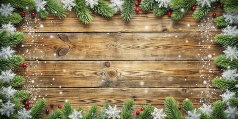 Poster - Rustic Wooden Background with Pine Branches, Snowflakes, and Red Berries for Christmas and Winter Holiday Decoration