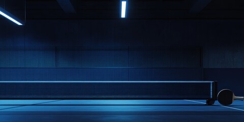 Poster - A dimly lit indoor table tennis scene with a table and paddle.