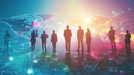 Poster - Global Business Concept with Diverse People Standing Silhouetted Against a Futuristic World Map and Colorful Abstract Background