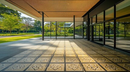 Poster - A modern architectural space with patterned tiles and lush greenery outside.