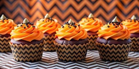 Poster - A row of chocolate cupcakes with orange frosting and black sprinkles on a chevron patterned surface.