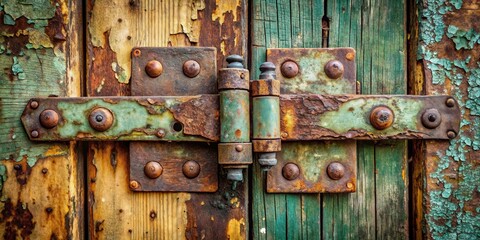 Poster - A weathered door hinge with rusted metal and peeling paint, revealing layers of color and time