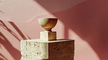 Aufkleber - The composition features a finely crafted wooden bowl resting on a square stone pedestal. A warm, soft pink wall serves as a backdrop, enhanced by gentle natural light creating soothing shadows.