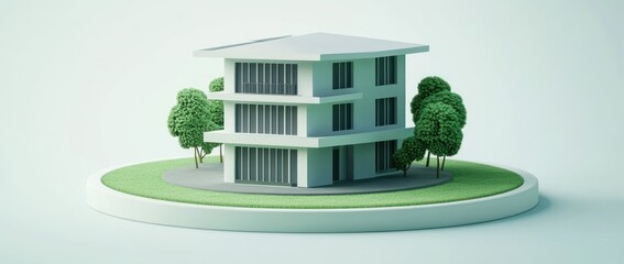 Poster - A modern three-story building surrounded by greenery on a circular base.