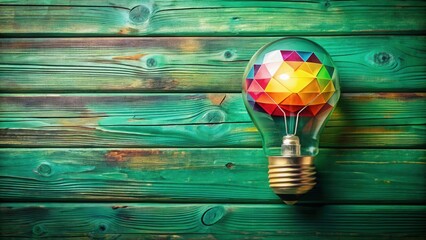 Poster - A single light bulb with a colorful geometric design inside, sits against a backdrop of weathered, green wood planks.