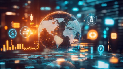 Fototapete - A computer screen shows a globe with a bunch of numbers