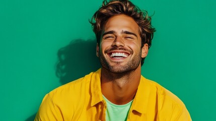 Poster - A man with a yellow shirt and green shirt is smiling
