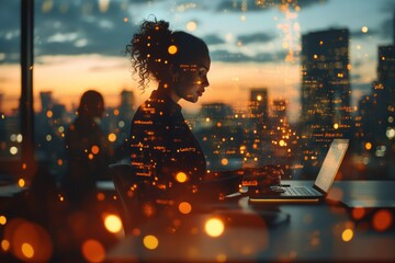 Aufkleber - A silhouette of a woman working on a laptop against a city skyline at sunset.
