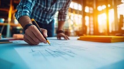 Poster - Professional Construction Manager Working on Project Plans in a Modern Office Setting with Natural Light and Vibrant Atmosphere