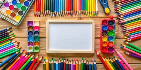 Poster - A blank whiteboard framed with wooden borders, surrounded by rows of colored pencils, watercolor paints, and art supplies on a wooden table.