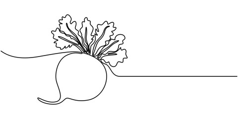 Poster - Vector continuous one single line drawing icon of beetroot with leaf in silhouette on a white background. Linear stylized. Beetroot in continuous line art drawing style. Garden beet black linear 