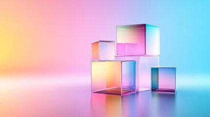 Poster - Colorful transparent cubes are stacked artistically against a soft gradient backdrop. Perfect for modern design projects that seek a vibrant touch.
