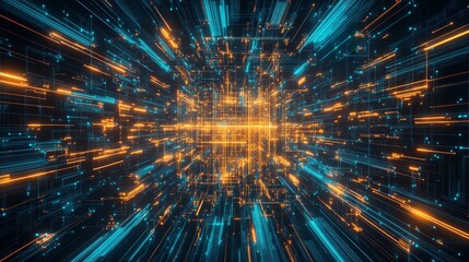 Poster - Dynamic abstract visualization of light beams radiating in various directions, creating a vibrant explosion of energy and color in a digital space.