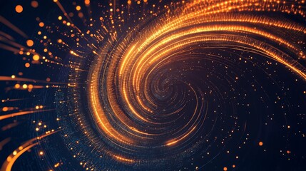 Poster - Dynamic swirl of glowing particles creating a mesmerizing effect. Ideal for backgrounds or abstract designs in digital art and technology themes.