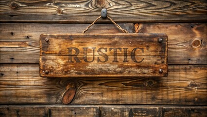 Poster - A weathered wooden sign hanging on a rustic wood background, simply stating the word rustic in bold, black letters.