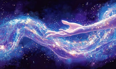 Aufkleber - A cosmic hand reaching out amidst a swirling galaxy of stars and colors.