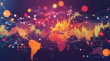 Poster - Vibrant Stock Market Concept Design Featuring Global Map with Colorful Data Visualization Elements and Digital Graphics Representing Economic Trends and Innovations