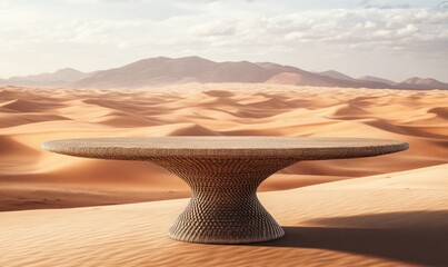 Poster - A sculptural table set against a vast desert landscape with rolling sand dunes.