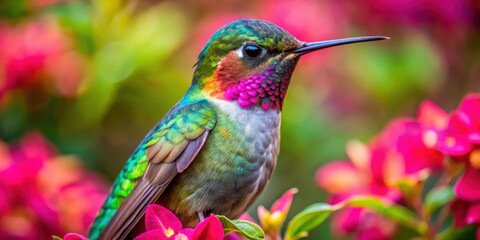 Poster - A Vibrant Hummingbird Perched Amidst Blossoming Pink Flowers, Its iridescent green feathers and a pink throat patch stand out against the delicate blooms.