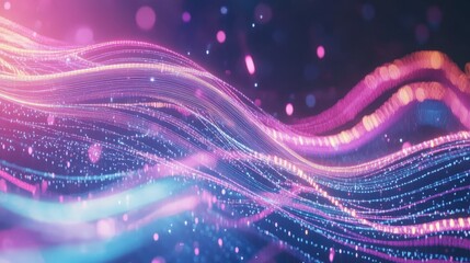 Poster - Vibrant abstract waves of light in pink, blue, and purple, creating a mesmerizing digital background perfect for technology and art projects.