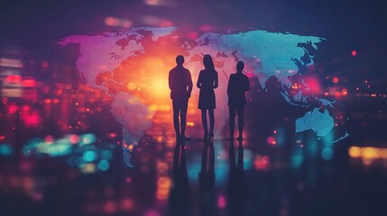 Poster - Business Concept with Diverse Individuals Standing Silhouetted Against a Vibrant World Map Background Representing Global Collaboration and Innovation
