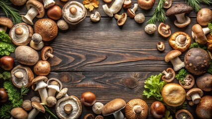 Poster - A rustic wooden table, adorned with a vibrant collection of wild mushrooms, creating a visual feast for the senses.