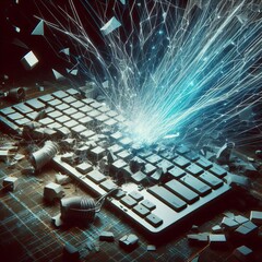 Poster - Shattered Keyboard with Lines Escaping Representing intense codi