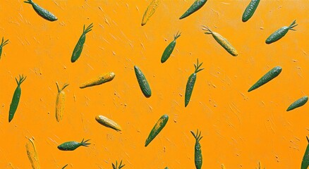 Poster - A vibrant orange background with scattered green and yellow vegetables resembling carrots.