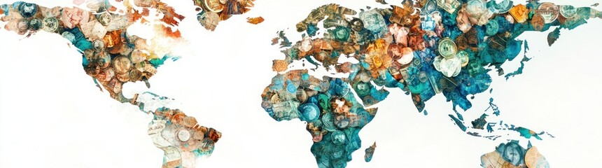 Poster - A colorful world map created from various textures and patterns, symbolizing diversity.