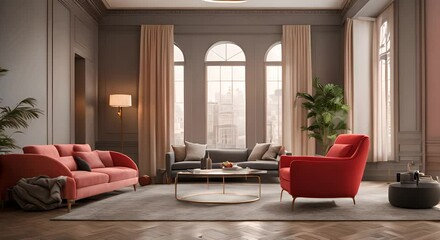 Sticker - A soft comfortable red armchair in the spacious living room 4K