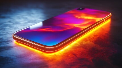 Poster - Glowing smartphone displaying vibrant sunset cloudscape.