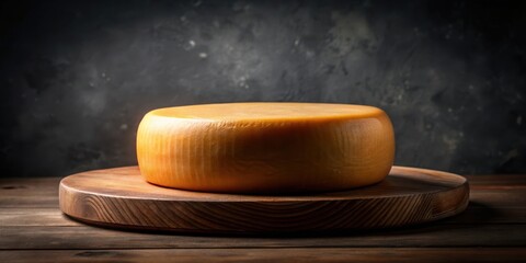 Poster - A round of golden cheese sits atop a wooden cutting board, ready to be sliced and enjoyed.