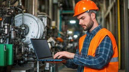 Fototapete - Portrait of an industrial engineer using a laptop in a workshop with machinery, wearing a safety helmet and reflective vest, focused on technology and machinery processes.