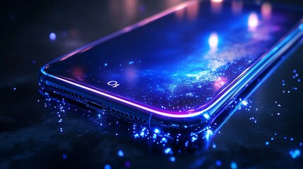 Poster - Futuristic smartphone with glowing edges on dark surface.