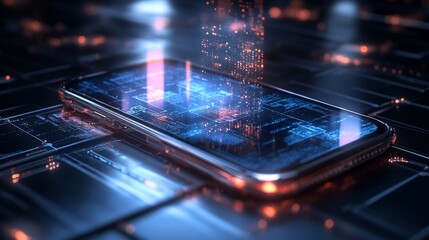 Poster - Digital data streams onto a smartphone screen, futuristic technology concept.