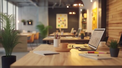 Poster - A modern office space featuring desks, laptops, plants, and colorful artwork.