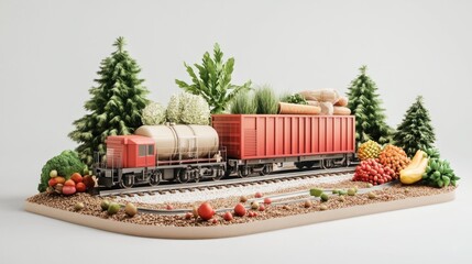 Poster - A model train carrying fresh produce through a scenic landscape of trees and plants.